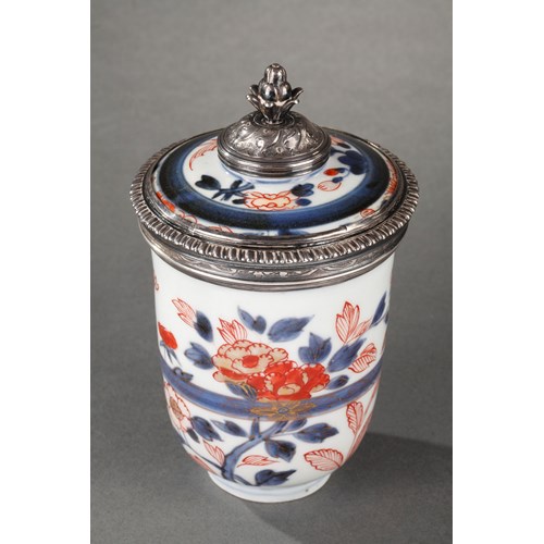 Cup and cover porcelain decorated in iron red underglaze blue  and gold peony decor